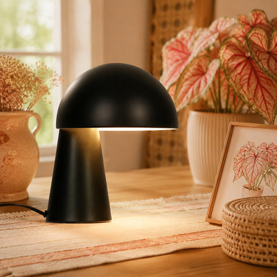 1 Light Mushroom Round Table Lamp Matte Black Metal