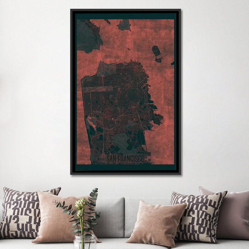 « san francisco infrared urban blueprint map », reproduction d’impression sur toile, Toile avec cadre noir, Pas de tapis