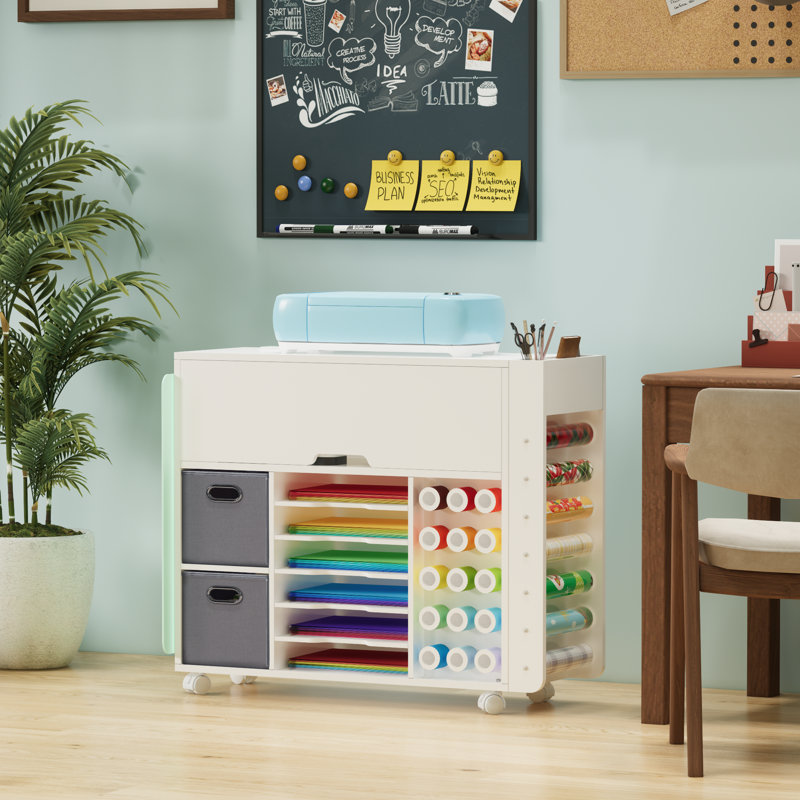 Table de bricolage, organisateurs de bricolage et rangement, chariot de rangement roulant avec tiroirs, prise de courant, armoire de bricolage avec support de machine et porte-rouleau en vinyle, poste de travail pour la maison
