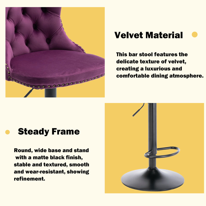 Modern Velvet Swivel Adjusatble Height Bar Stools Set of 2, Purple