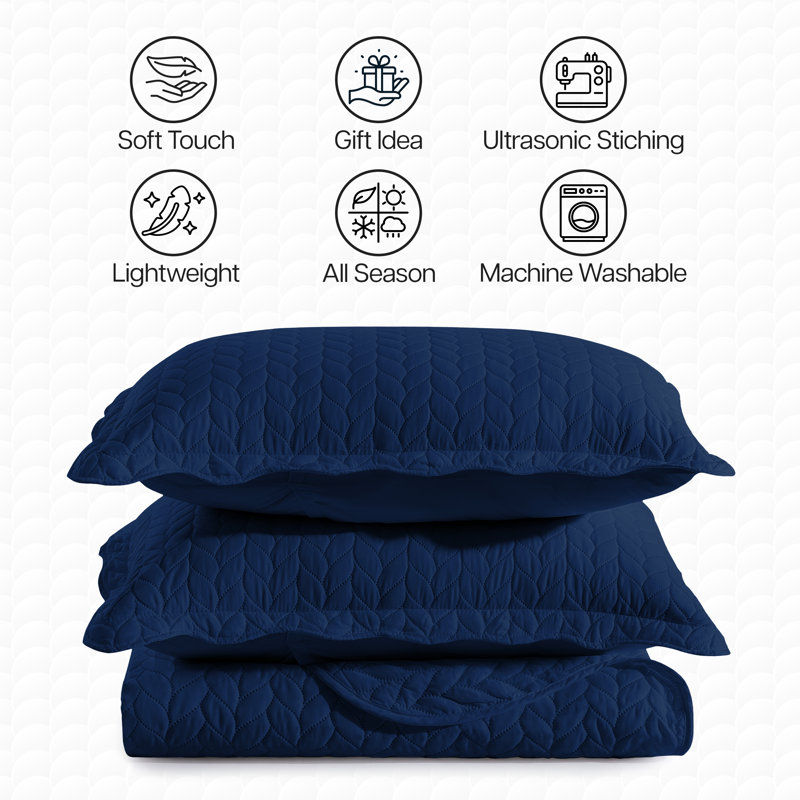 Embossed Quilted Bedspread Set – Ultra Soft Microfiber Coverlet With Pillow Shams, Hotel-Style Bedding For High Beds, Blue