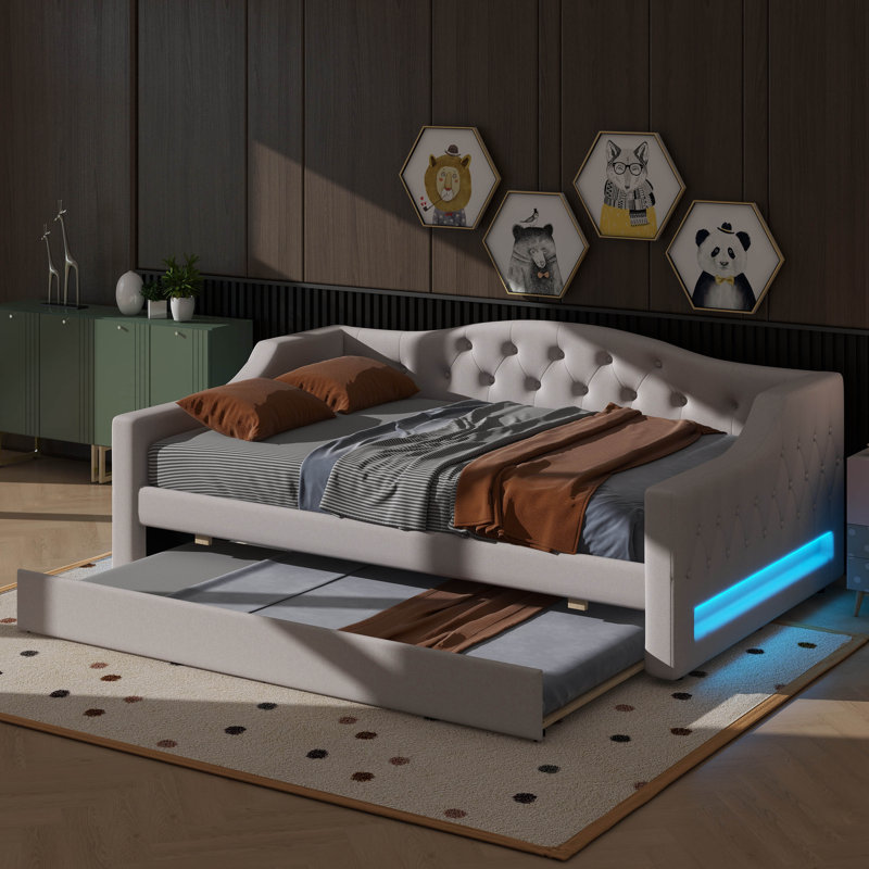 Lit de jour double TG avec bande lumineuse à DEL et lit gigogne, Beige
