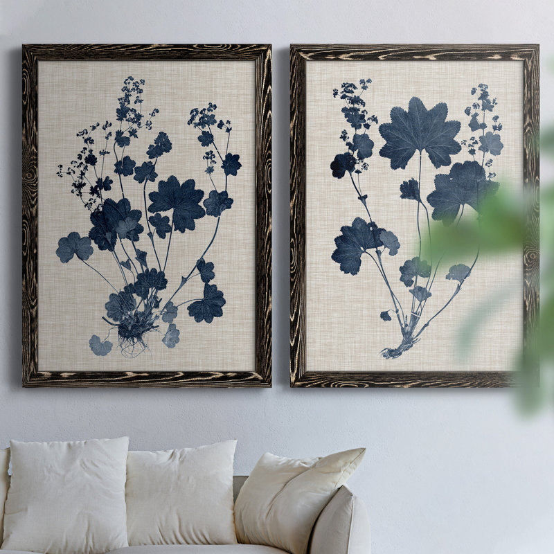 Bleu marine et feuilles de lin II, toile encadrée de qualité supérieure - prête à être accrochée, Toile avec cadre noir