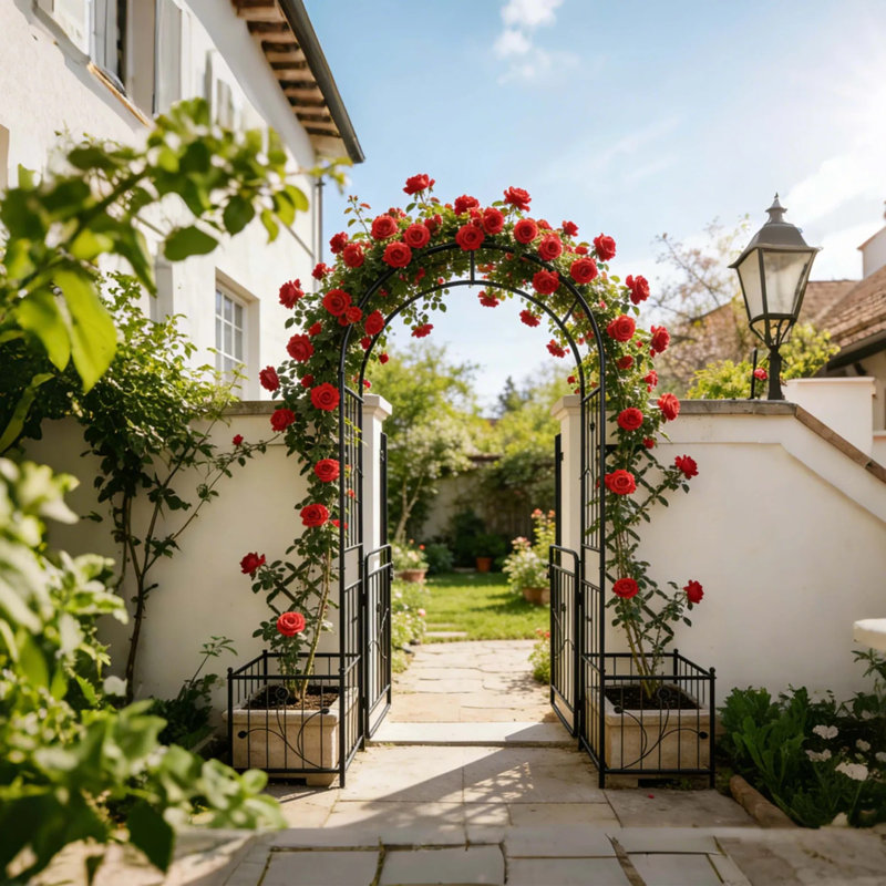 Arche de jardin en métal avec barrière et deux supports à plantes - 79,5 po de largeur x 86,6 po de hauteur, support pour plantes grimpantes, tonnelle d'extérieur, noir