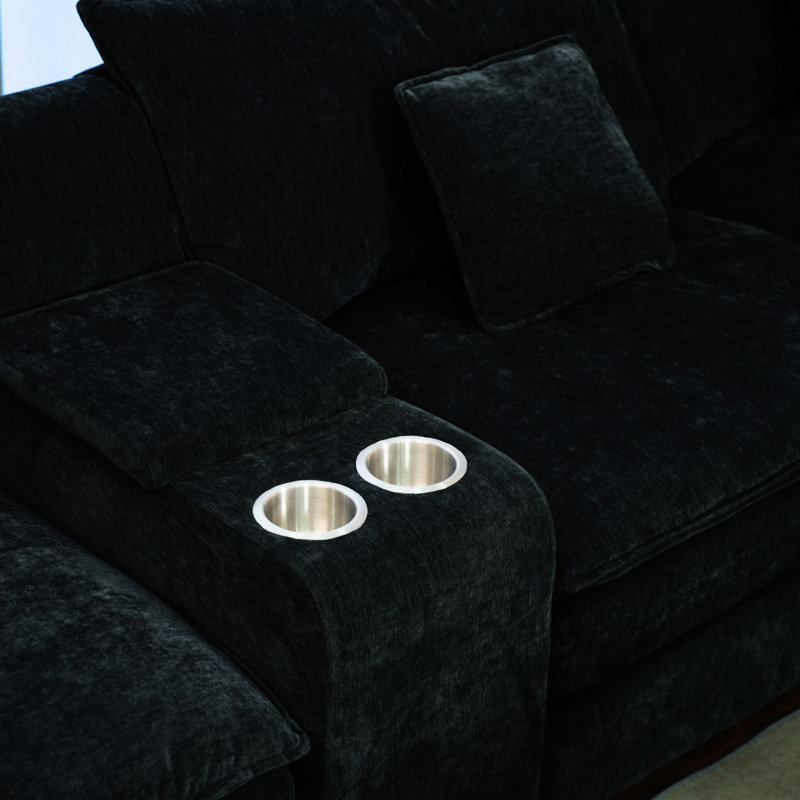 Canapé modulaire en U de 144 po à 6 places moelleuses avec boîte de rangement décorative modulaire, porte-gobelets en noir