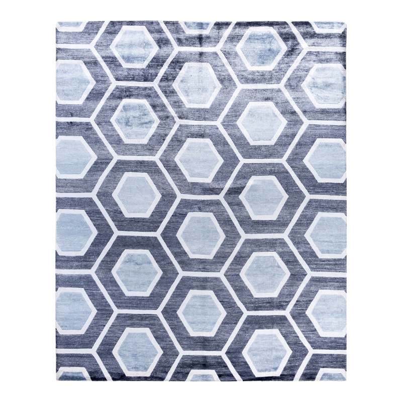 Gray and White Hand-Knotted Silk Rectangular Area Rug