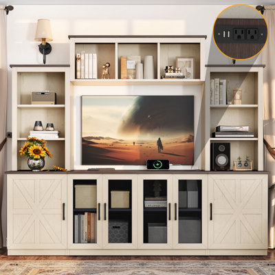 87.6"W Wall Unit Entertainment Center with Charging Station and Large Storage Cabinet for TVs Up To 45"