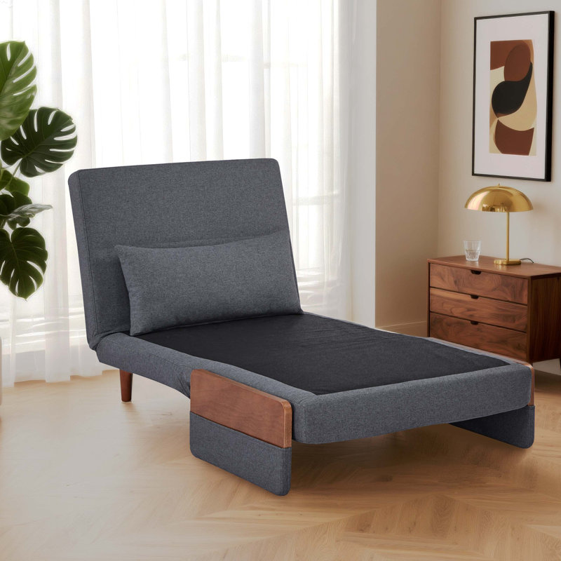 Sofa Bed with Solid Wood Arms and Legs in Cotton Linen, 3-Position Adjustable Back, Grey, 30.7" H x 33.9" W x 70.9" D, 1