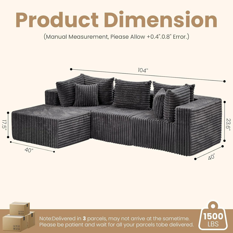 104 Inch Cloud Couch Sectional,Corduroy Boneless Couches For Living Room,L-Shaped Modular Sectional Sofa With Removable Ottoman And Deep Seat,No Assembly Required,,L-Shaped,Gray