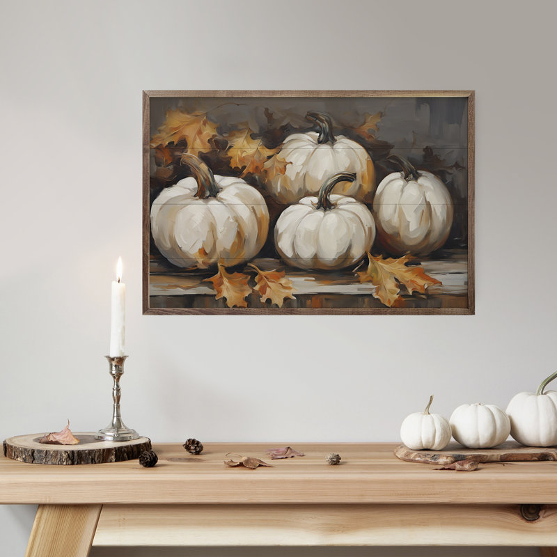 Quatre citrouilles blanches avec des feuilles noires, H 5 po x l 8 po x P 1 po