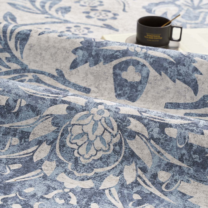 Geometric Floral Washable Non-Slip Area Rug, Timeless Dark Blue, 7'R