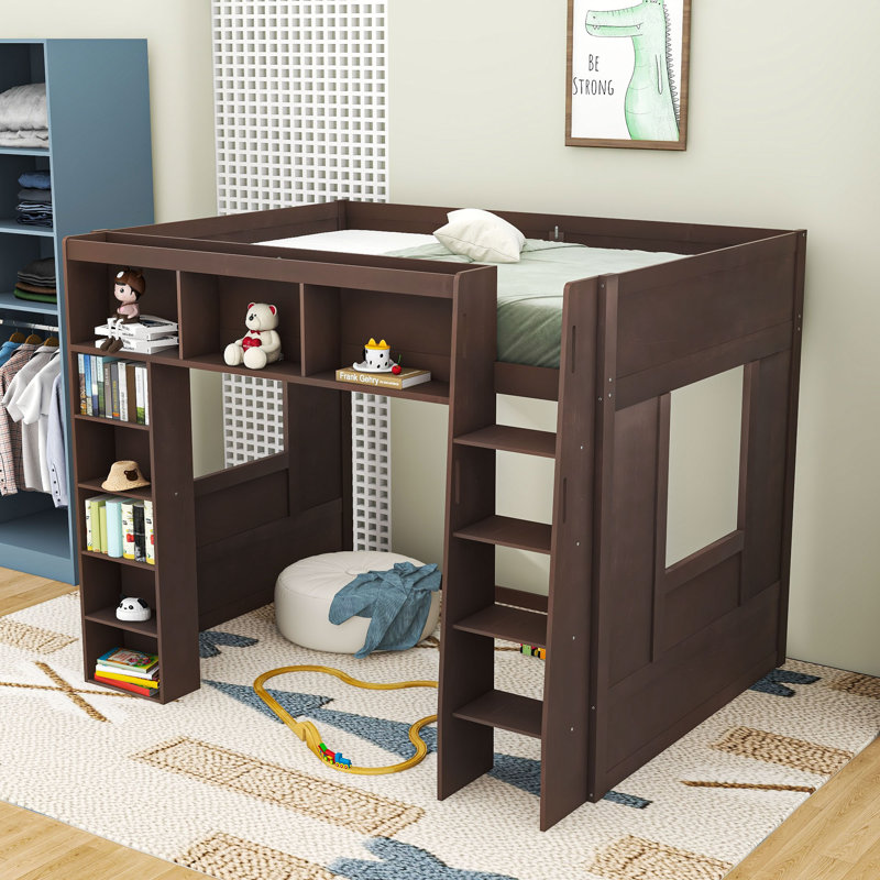 Queen Wooden Loft Bed With Storage Shelves, Ladder And Guardrails, Brown