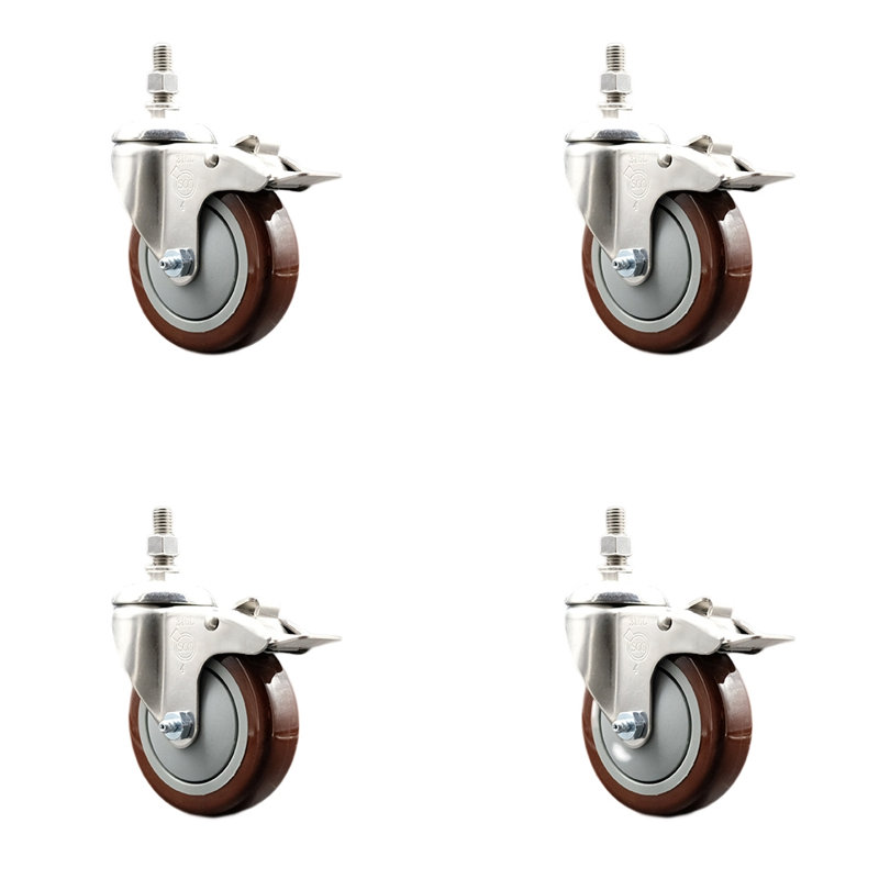 Ensemble de roulettes à tige pivotante en polyuréthane marron de 4 pouces et en polyuréthane pivotant de 12 mm avec frein de blocage SCC