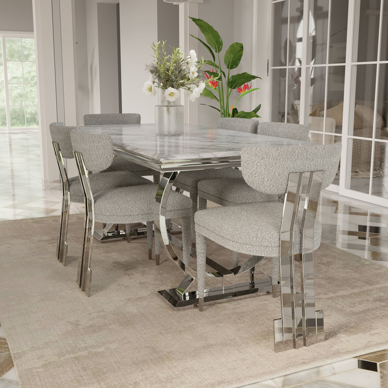 Ensemble de table de salle à manger moderne 7 pièces avec 6 chaises, Gris / argent