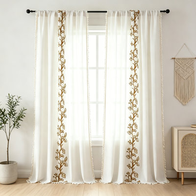 Boho Foliage Linen Curtains, Coffee Bifacial Embroidered 2 Panel Set, Semi Sheer Tassels Light Filtering Drapes with Back Tab & Rod Pocket