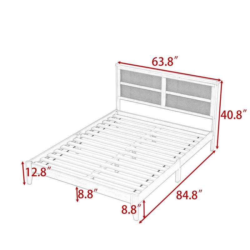 Grand lit plateforme en bois avec tête de lit en rotin