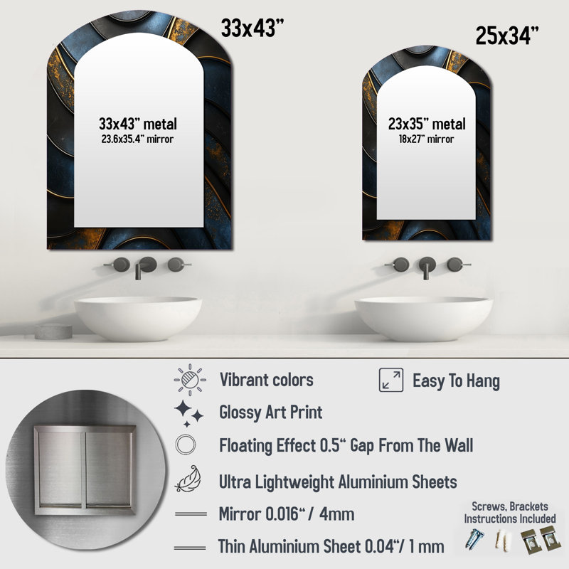 Fractal Aqua Drift Of Marble II - Transitional Asymmetrical Mirror, Gold Unique Shape Unique Wall Mirror, Printed Metal Art