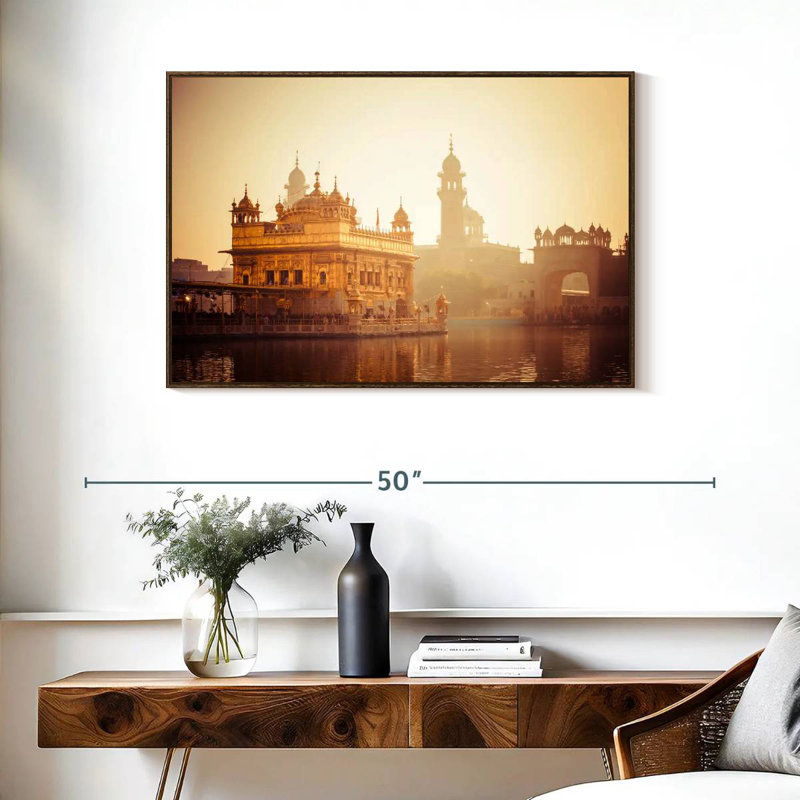 Temple Harmandir, 37 po x 25 po, Cadre flottant noyer