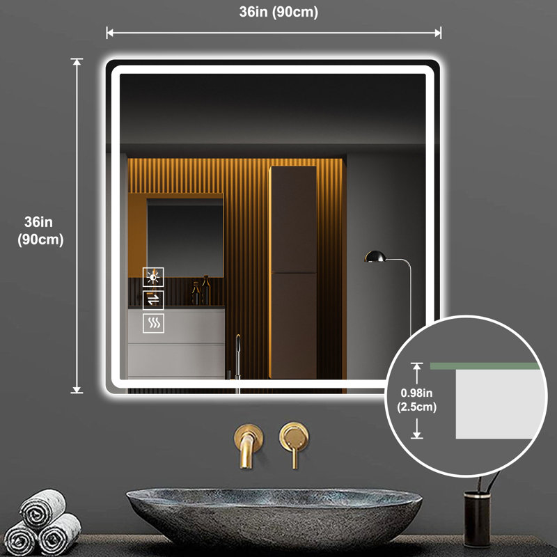 Bathroom Mirror 36X36 Inch With Led - Fog, , Dimmable 5 Mm Copper- Silver For Sophistication Hygiene