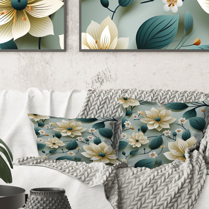 Teal & Ivory Coastal Elegance Floral Motif - Coussin décoratif imprimé floral, H 16 po x l 16 po