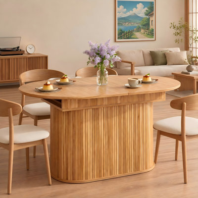 Table de salle à manger ovale extensible de 140 à 180 cm avec pieds rayés, idéale pour la salle à manger, la cuisine et le salon, fini bois naturel