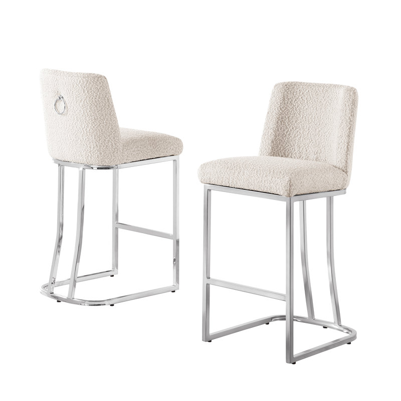 Counter & Barstools With Boucle Teddy Fabric And Base, Cream Seat/ Silver Frame, Counter Stool (27" Seat Height)