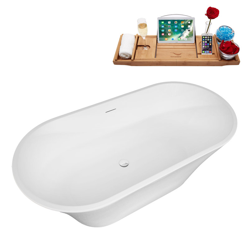 59" Streamline Soaking Freestanding Tub and Tray With Internal Drain, Polished Chrome
