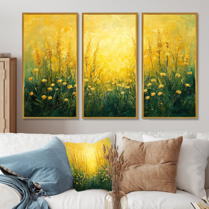 «Golden Wildflowers», 3 pièces, H 32 po x l 48 po, Impression encadrée sans passe-partout, Doré