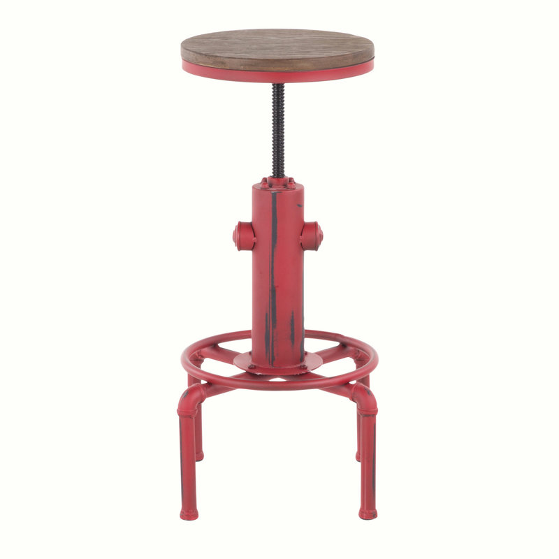 Tabouret de bar Zender Industrial en métal rouge rétro et bambou à grain de bois