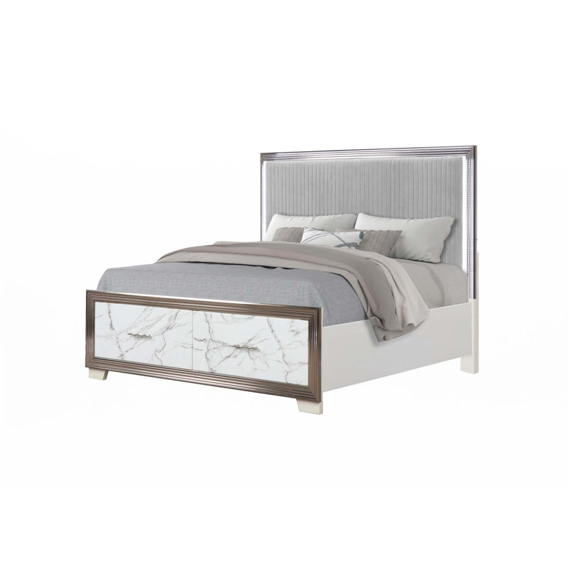 Tête de lit tapissier à DEL avec rangement pour pied de lit à motif de marbre (lit seulement)