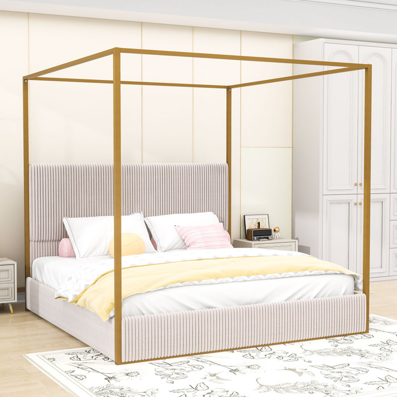 Lit à baldaquin avec tête de lit moelleuse en velours côtelé, Beige, Très grand lit