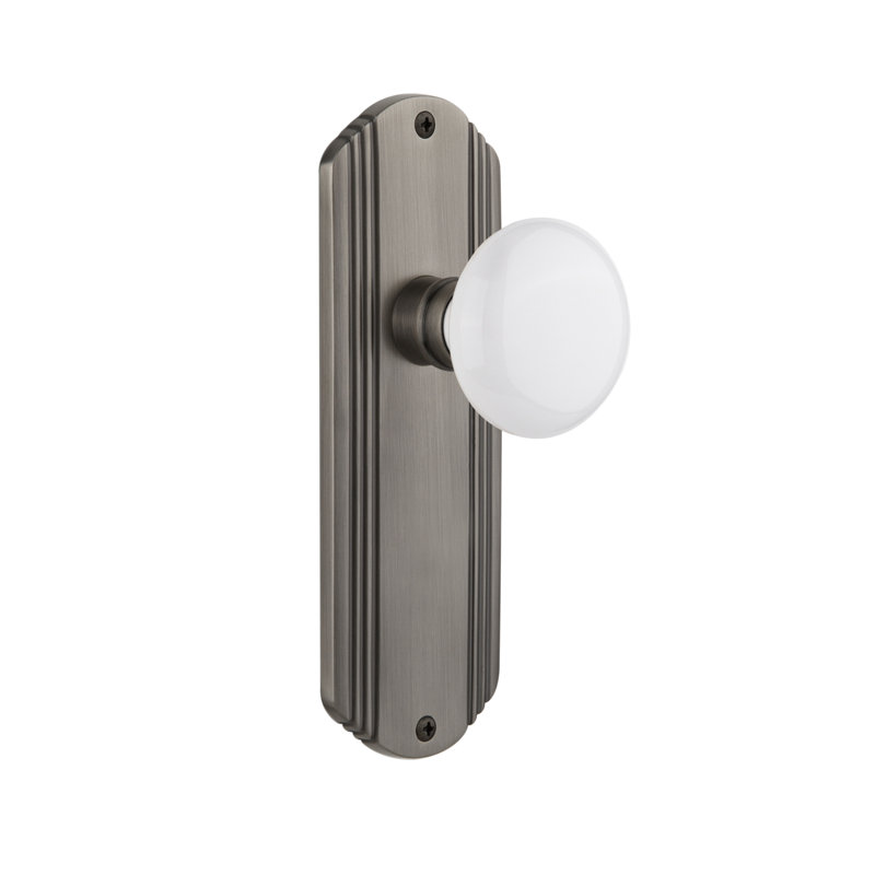 Deco Plate with White Porcelain Door Knob, 2-3/4”, Antique Pewter