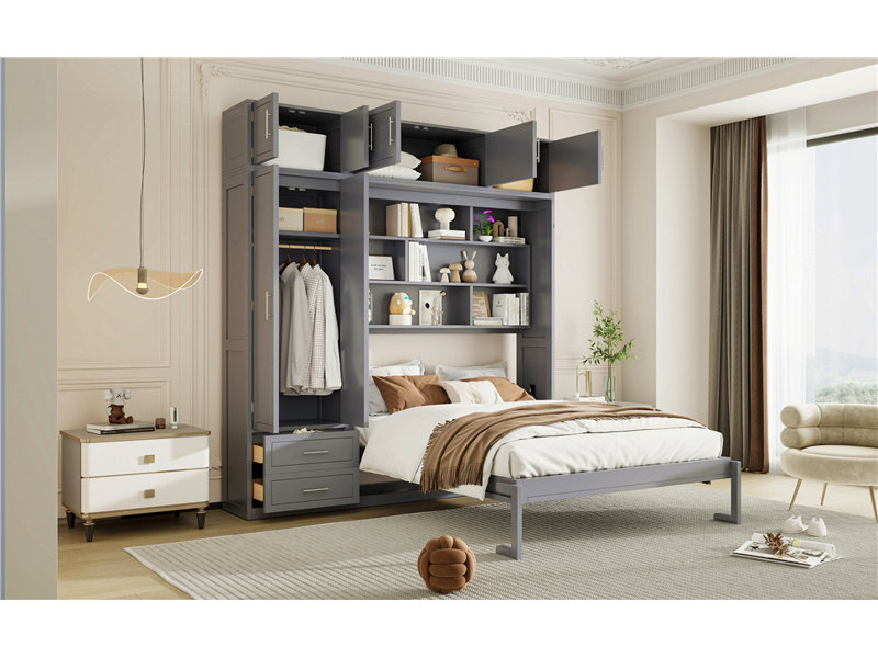 Grand lit escamotable mural avec armoire supérieure, tablettes et garde-robe, lit pliable peu encombrant, Gris