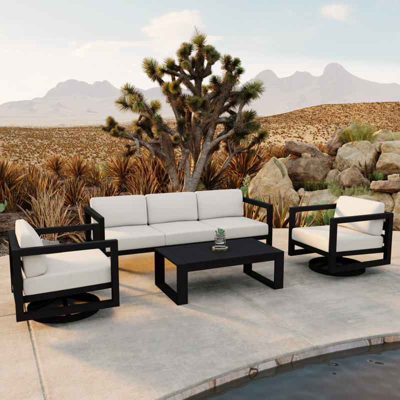 Rugiatu 4 Piece Sofa Set With Swivel, Canvas Natural Sunbrella® Canvas, Black