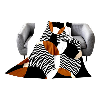 Retro Geometric Ripple Sherpa Throw Blanket - Black, White, Brown
