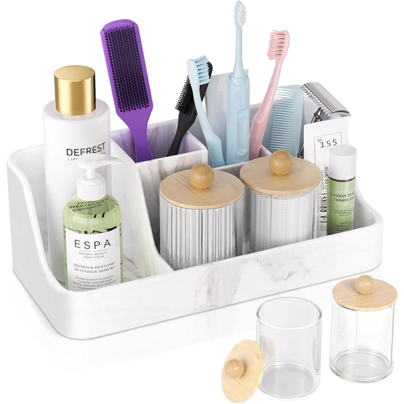 Organisateur de comptoir de salle de bain en marbre - Organisateur de meuble-lavabo en silicone - Organisateur de brosse à dents avec distributeur de 2 pièces Cotton Swab - Drainage du support de dentifrice - Essentials pour la salle de bain