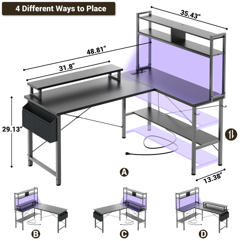 L Shaped Computer Desk with Monitor Stand and Storage Shelf, 49'' Small Corner Desk For Home & Office, Black