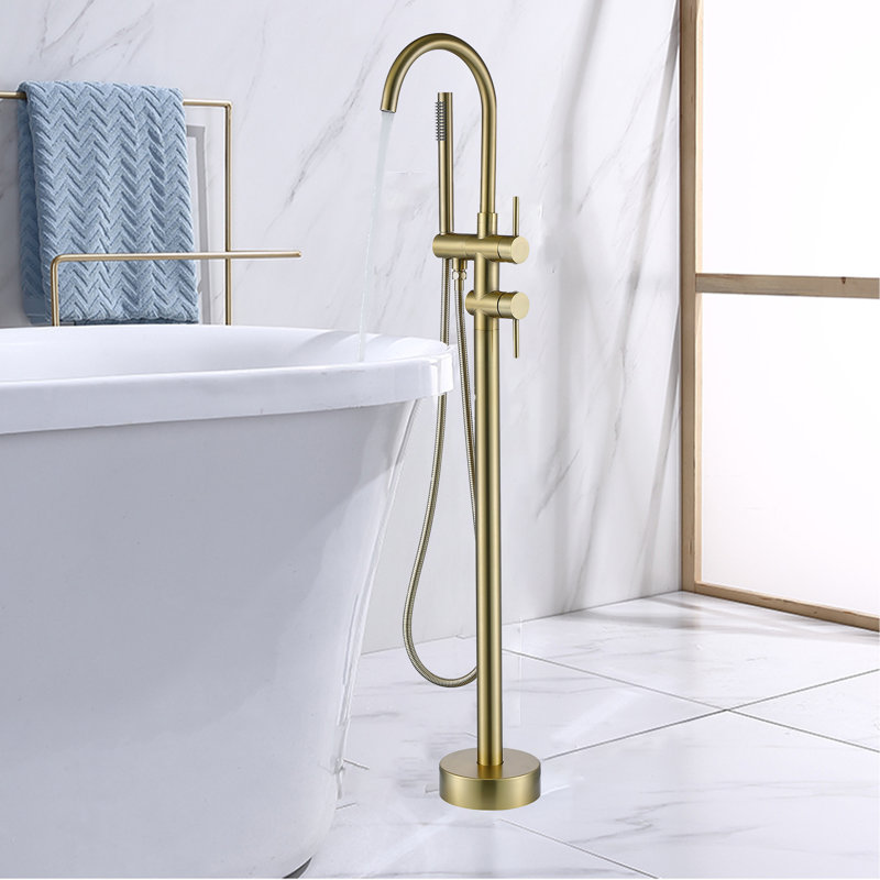 2 Handle Freestanding Tub Filler with Hand Shower and Diverter, Brushed Gold