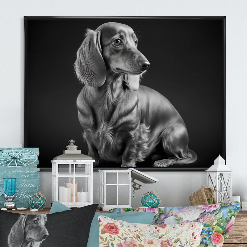 Pados noir et blanc Daschund - photographie sur toile, H 16 po x l 32 po x P 1 po, Toile avec cadre flottant noir