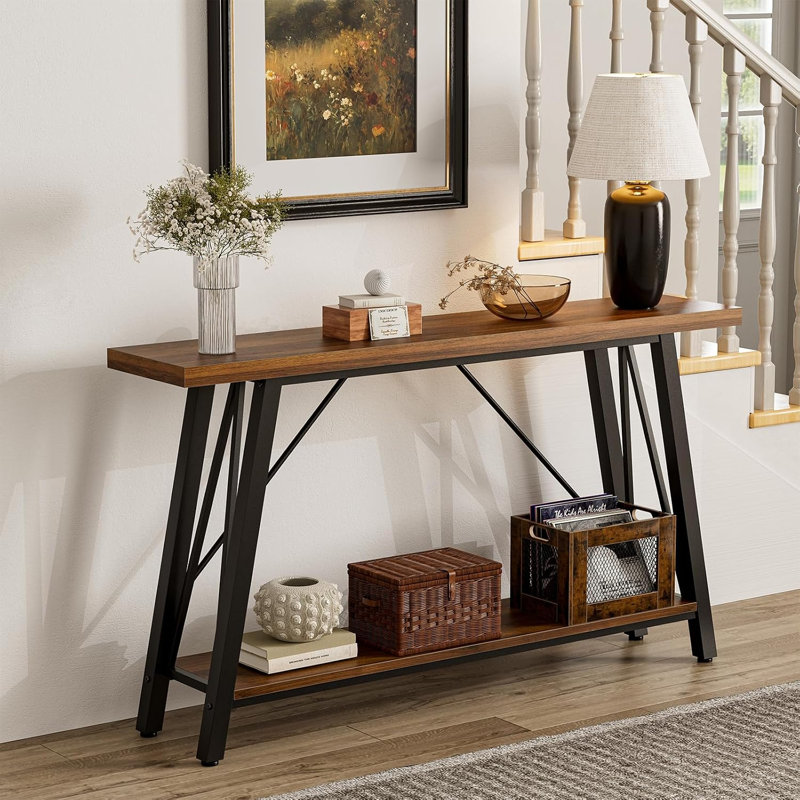 Console industrielle avec tablette de rangement, table de canapé rustique derrière le canapé, table d'appoint d'entrée, table de présentation de couloir pour le salon, brun rustique
