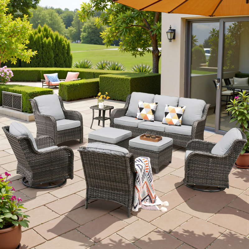 Amerissa 7 - Person Wicker Rattan Patio Furniture Set with Swivel Chairs, Outdoor All Weather Sofa Conversation Set with Cushions for Garden Backyard