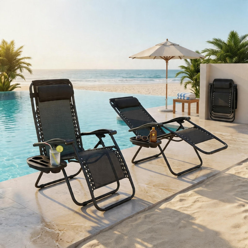 Set of 2 Heavy Duty Outdoor Reclining Lounge Chairs – Adjustable Folding Design with Padded Headrest, Cup Holder Tray & Durable Frame – Portable Patio Lawn Set for Pool, Deck, Beach, Backyard