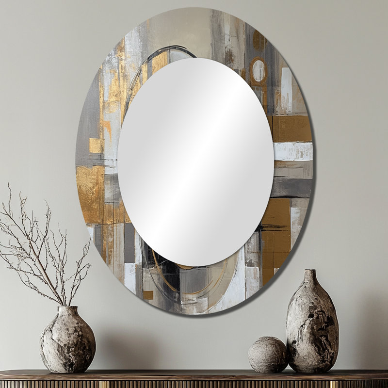 Gold And Grey Radical Simplicity I - Gold Mid-Century Oval Wall Mirror, 40" x 30"