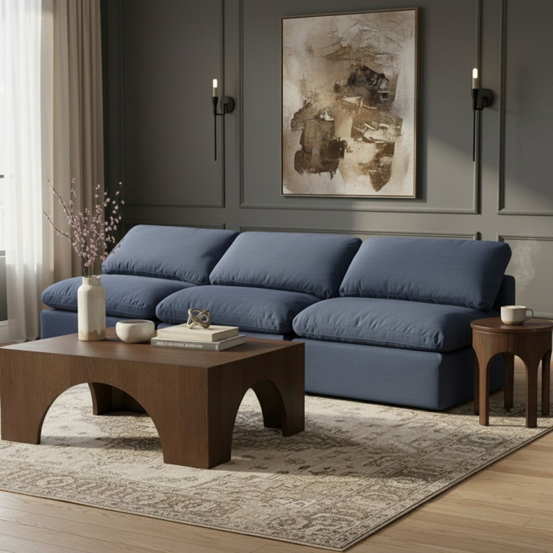 Itala 105'' Upholstered Sofa, Navy Linen Textured Fabric