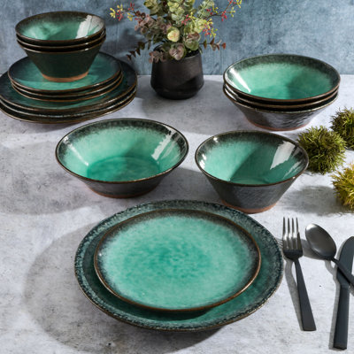 Gibson Elite Green Lantern 16 Piece Double Dowl Terracota Reactive Dinnerware Set