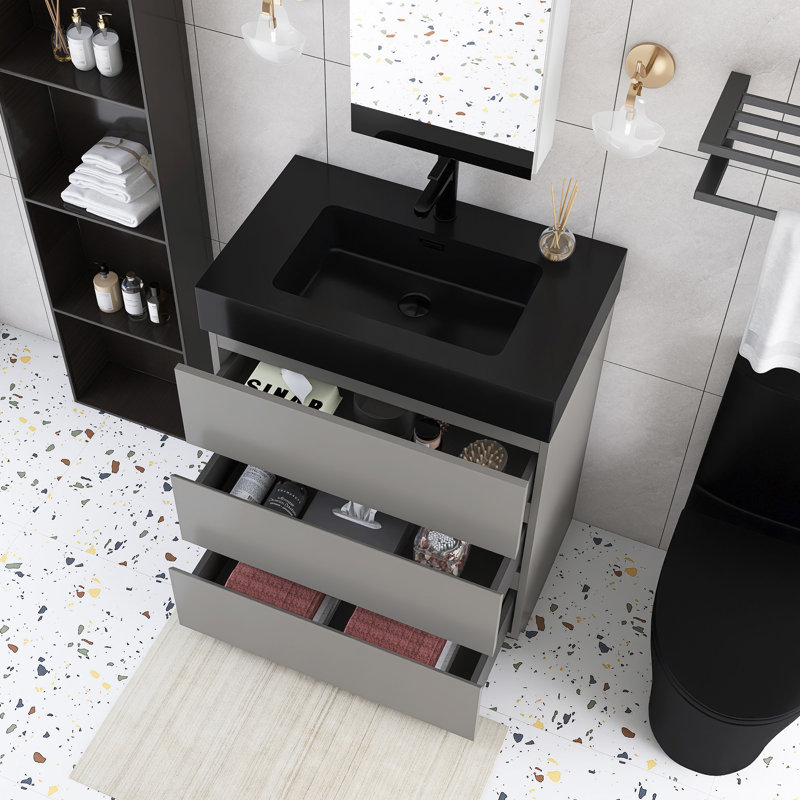 30" Freestanding Bathroom Vanity With Integrated Resin Top, Grey