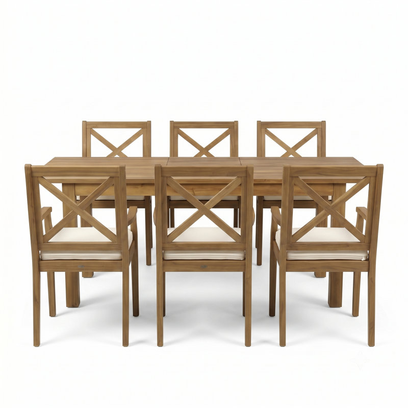 Ensemble de salle à manger d'extérieur en bois d'acacia 7 pièces 67,75 "-85,43" avec coussins crème et table extensible, teck
