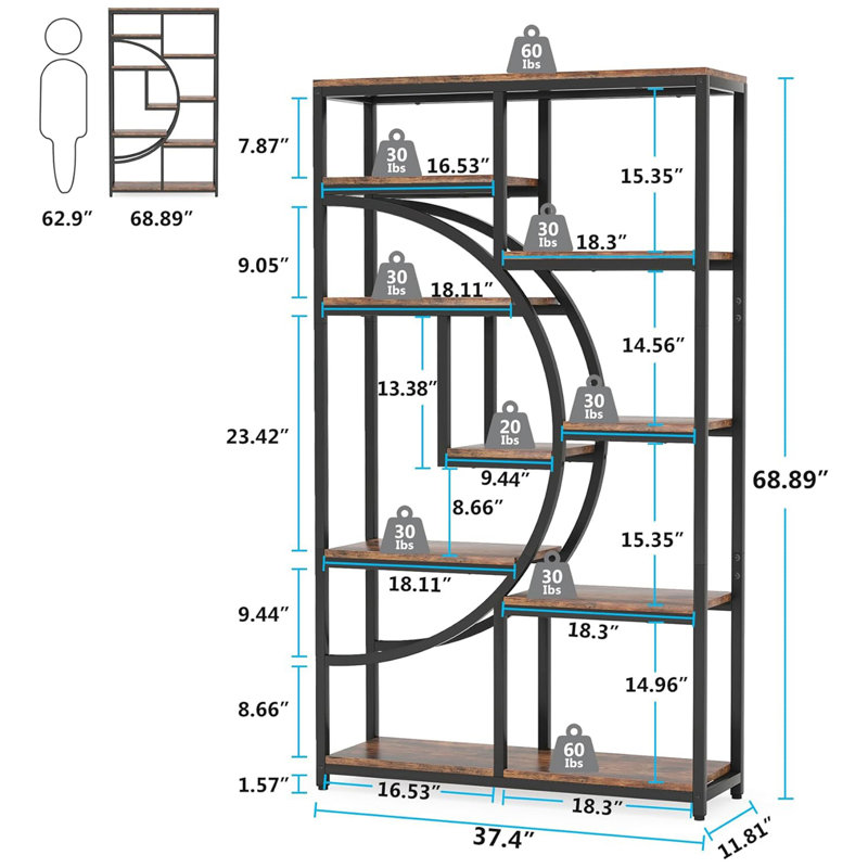 68.89"Height Industrial 5-Tier Rustic Brown & Black Corner Etagere Bookshelf With 9 Open Shelves Storage Organizer For Living Room, Bedroom