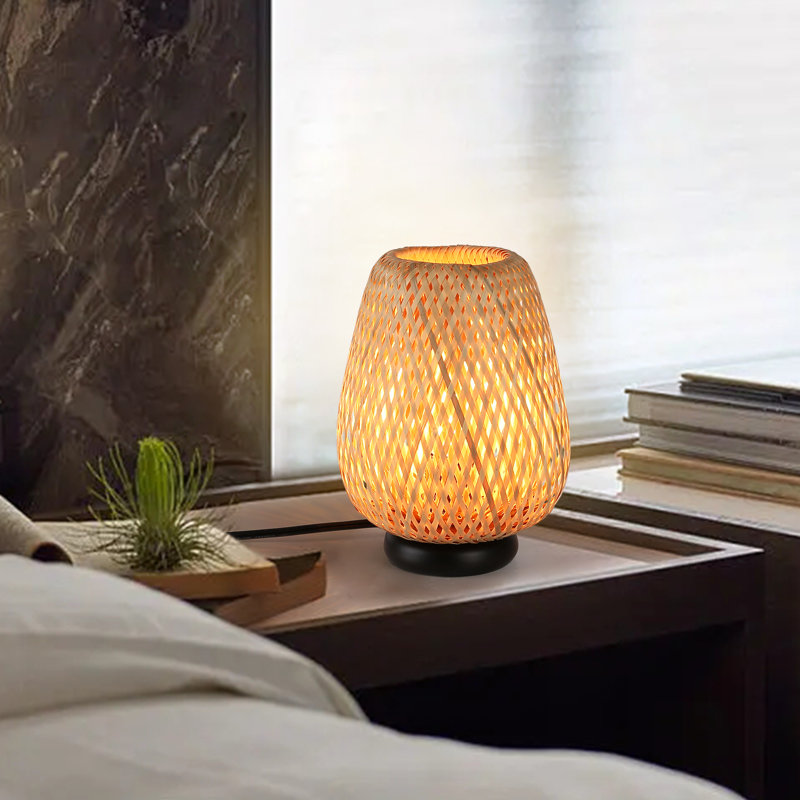 Maragozakis Rattan Handmade Bamboo Table Lamp, Retro Wicker Woven Boho Nightlight Reading Lamp for Living Room