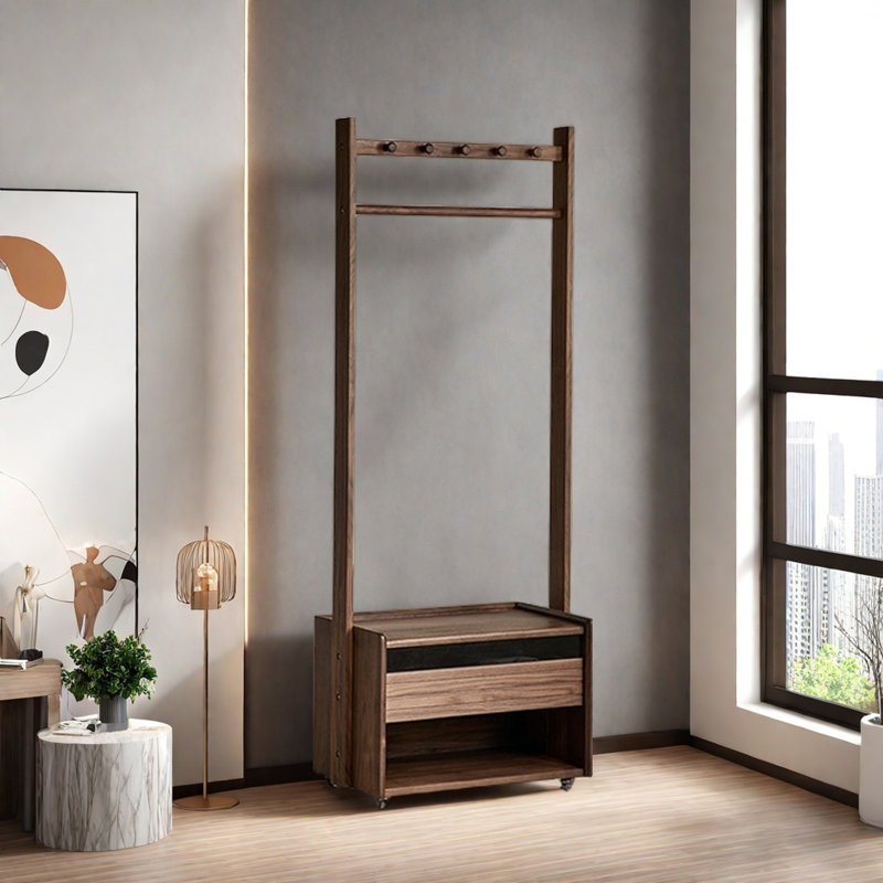 Wood Coat Rack with Drawers Wheels Hooks